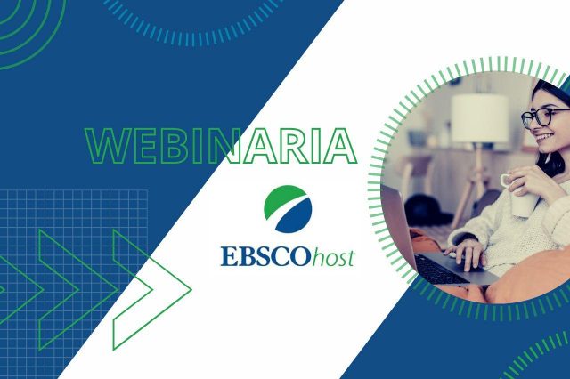 Webinaria z EBSCOhost. Niebiesko-zielone logo EBSCOhost.