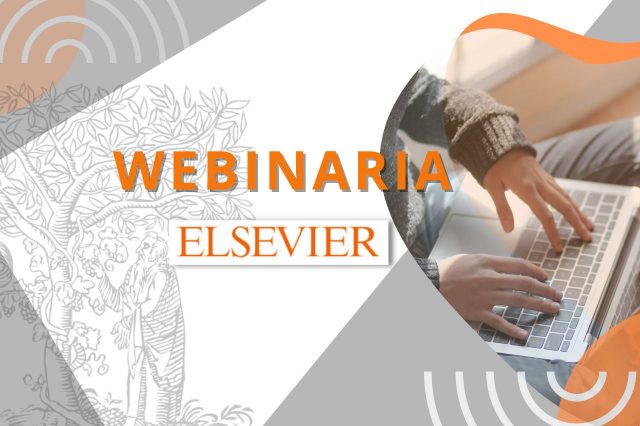 Szaro-pomarańczowa grafika dotycząca Webinariów z Elsevier