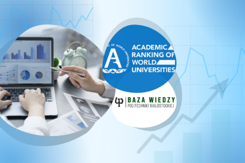 Otwarty laptop, logo Academic Ranking of World Universities oraz logo Bazy Wiedzy PB