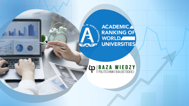 Otwarty laptop, logo Academic Ranking of World Universities oraz logo Bazy Wiedzy PB