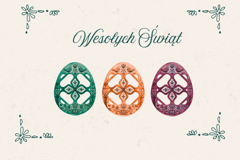 Kartka świąteczna z napisem „Wesołych Świąt” oraz trzema ozdobnymi pisankami w kolorach zielonym, pomarańczowym i fioletowym, otoczona dekoracyjnymi ornamentami w rogach