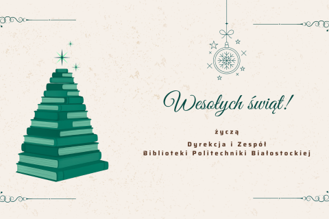 Choinka świąteczna z bożonarodzeniowymi życzeniami od pracowników Biblioteki PB – Wesołych Świąt!