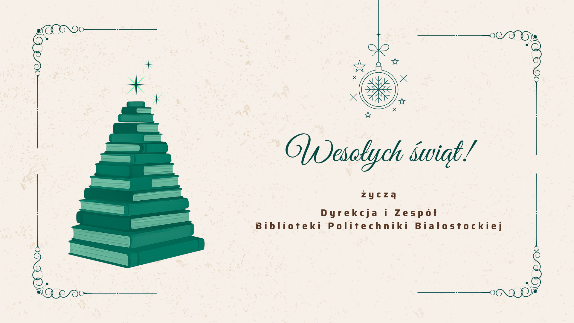 Choinka świąteczna z bożonarodzeniowymi życzeniami od pracowników Biblioteki PB – Wesołych Świąt!