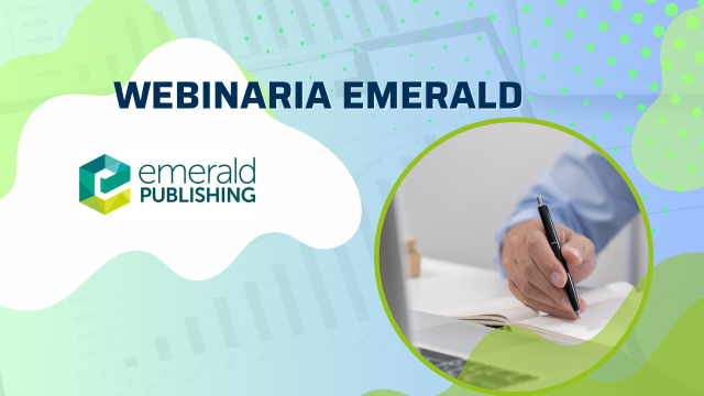 Grafika promująca webinaria Emerald Publishing z logo firmy i zdjęciem dłoni piszącej w notatniku