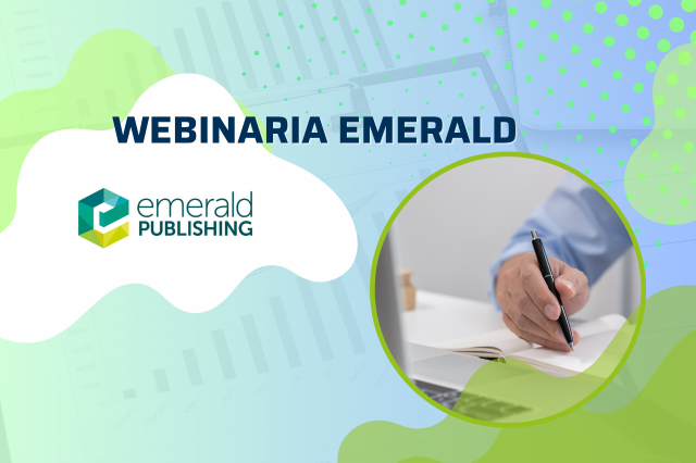 Grafika promująca webinaria Emerald Publishing z logo firmy i zdjęciem dłoni piszącej w notatniku