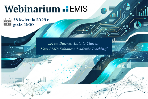 Grafika promująca webinarium EMIS z datą 28 kwietnia 2026 r., godz. 11:00, na abstrakcyjnym tle z motywami danych i wykresów.