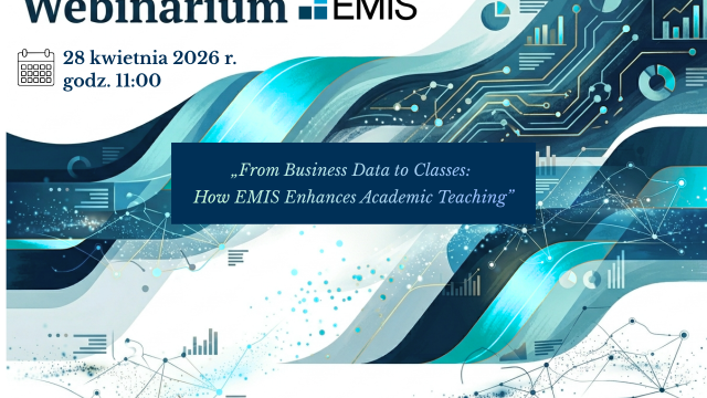 Grafika promująca webinarium EMIS z datą 28 kwietnia 2026 r., godz. 11:00, na abstrakcyjnym tle z motywami danych i wykresów.