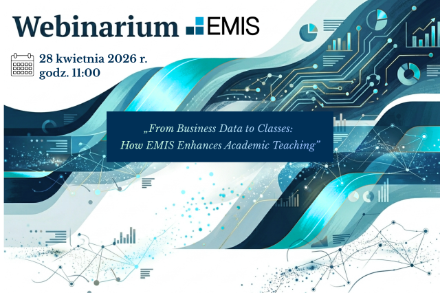 Grafika promująca webinarium EMIS z datą 28 kwietnia 2026 r., godz. 11:00, na abstrakcyjnym tle z motywami danych i wykresów.