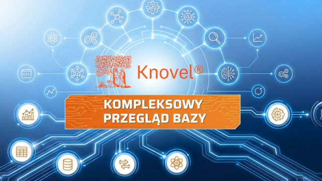 Grafika promocyjna Knovel z napisem „KOMPLEKSOWY PRZEGLĄD BAZY” na tle abstrakcyjnego schematu cyfrowego z ikonami danych, analizy i technologii