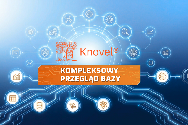 Grafika promocyjna Knovel z napisem „KOMPLEKSOWY PRZEGLĄD BAZY” na tle abstrakcyjnego schematu cyfrowego z ikonami danych, analizy i technologii