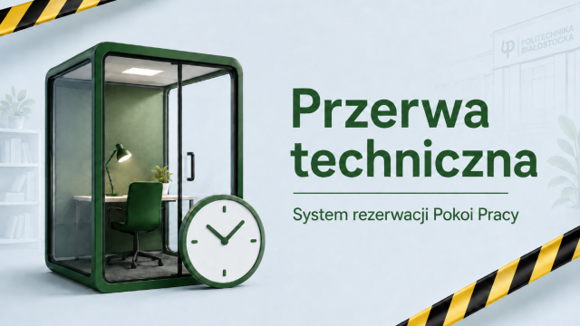 Grafika informująca o przerwie technicznej w rezerwacji pokoi pracy; obok tekstu widoczna jest minimalistyczna ikona pokoju pracy z zegarem