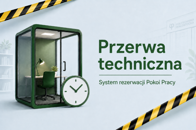 Grafika informująca o przerwie technicznej w rezerwacji pokoi pracy; obok tekstu widoczna jest minimalistyczna ikona pokoju pracy z zegarem