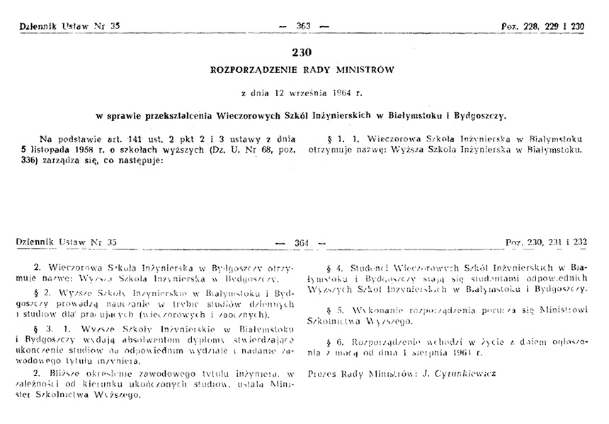 Fragment dokumentu będącego rozporządzeniem Rady Ministrów z dnia 12 września 1964 roku w sprawie przekształcenia Wieczorowej Szkoły Inżynierskiej na Wyższą Szkołę Inżynierską.