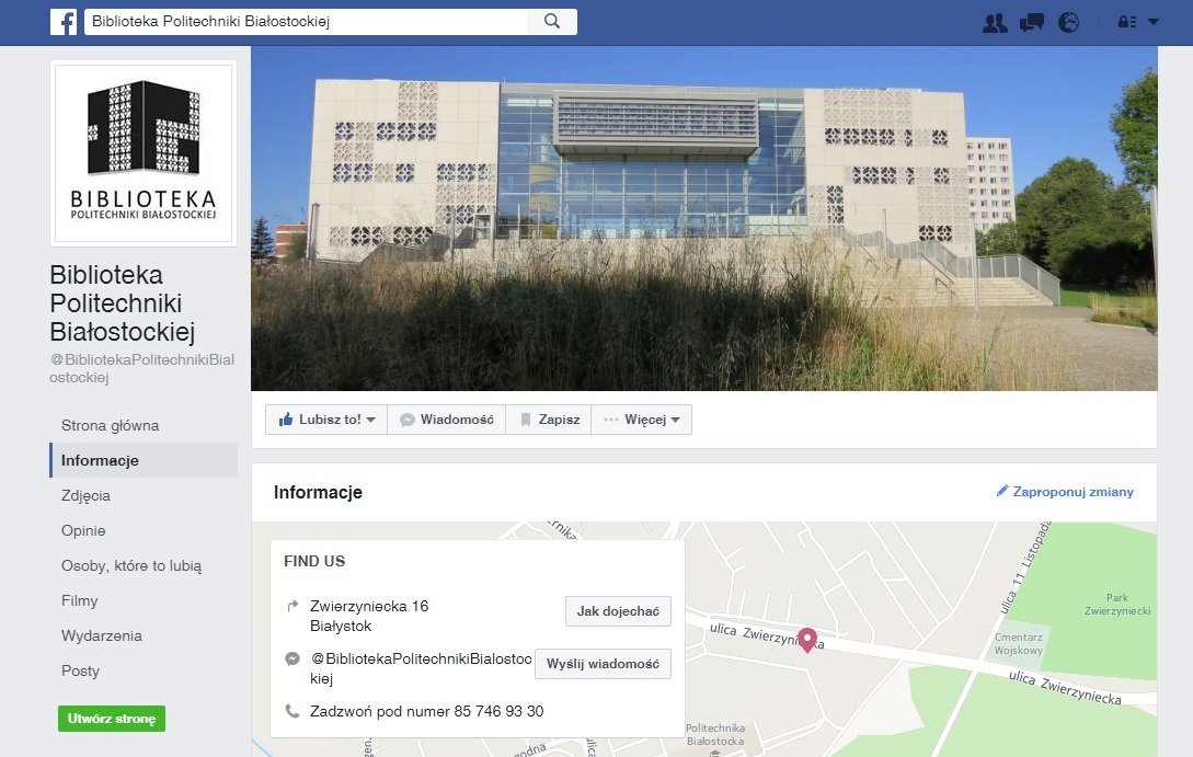 Zrzut ekranu z profilu Biblioteki Politechniki Białostockiej na portalu Facebook, widoczne logo biblioteki oraz budynek w którym biblioteka ma swą siedzibę.