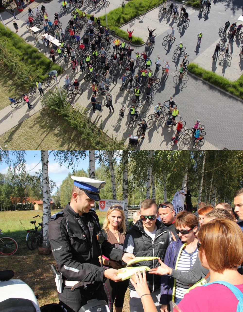 Kolaż dwóch zdjęć, pierwsze to stojąca grupa rowerzystów widziana z lotu ptaka, na drugim policjant rozdający grupie osób kamizelki odblaskowe.