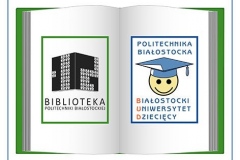 Otwarta książka - po lewej logo Biblioteki Politechniki Białostockiej, po prawej logo Białostockiego Uniwersytetu Dziecięcego.