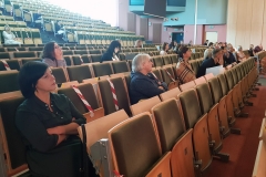 Aula z rzędami krzeseł, na których siedzą osoby. Na pierwszym planie kobieta z krótkimi ciemnymi włosami i ciemnej koszuli.