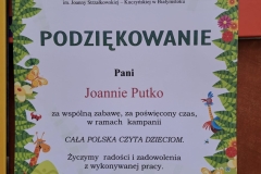 Podziękowanie Pani Joannie Putko za udział w akcji czytelniczej.